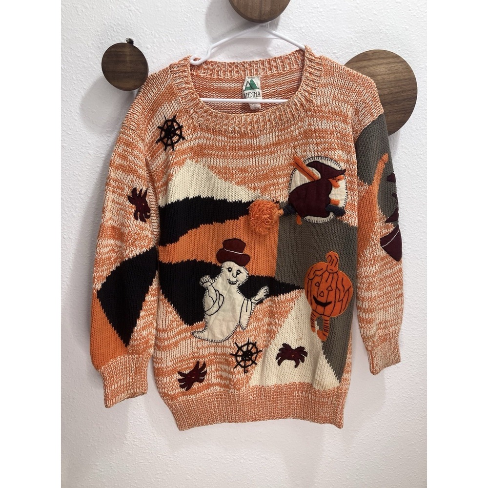 Rare Vintage Andina Hand Made In Peru Halloween Sweater Small Ghost Bat Pumpkin